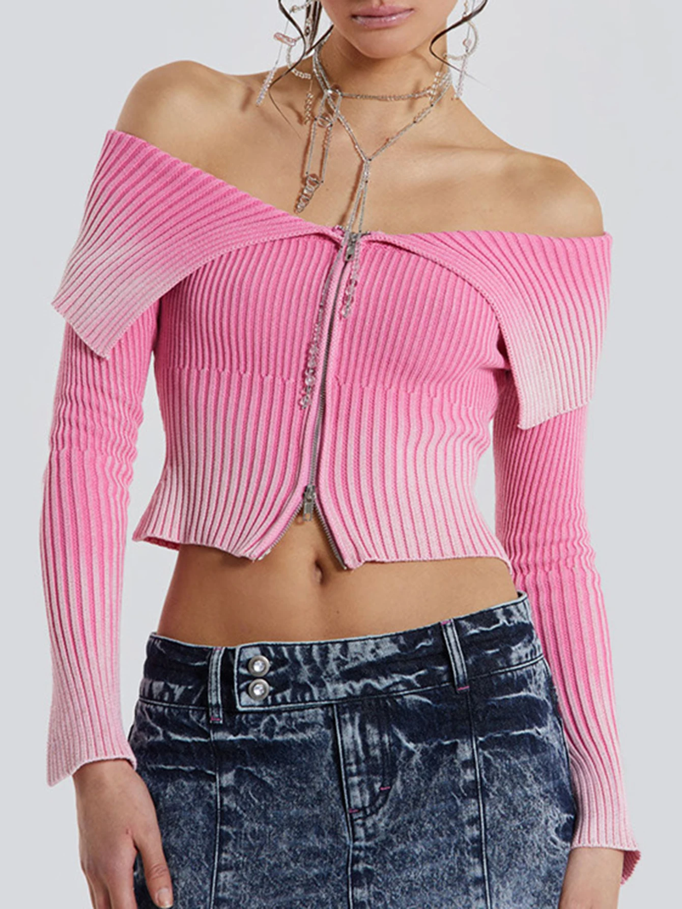 

UNIKTEE женский кардиган на молнии с открытыми плечами и длинными рукавами, однотонная повседневная модная осенне-зимняя верхняя одежда