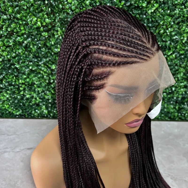 Dark Burgundy Synthetic Braided Wig Lace Frontal Braids Wig 26 Inch Cornrow Lace Wigs 99J Win Red Color Wig for Women Daily Use