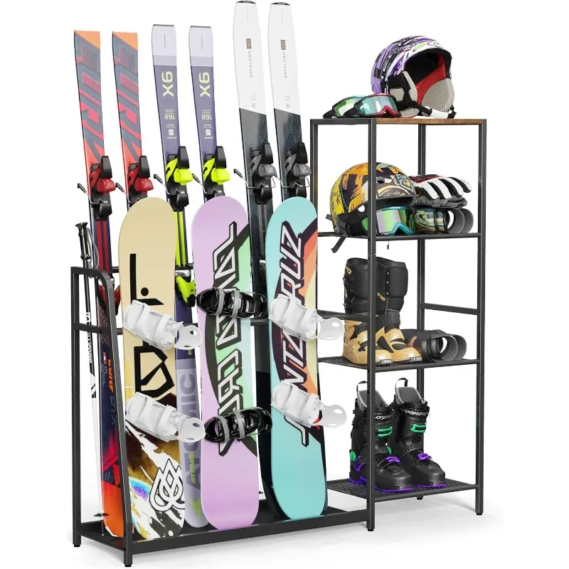 Ski Rack for Garage - Freestanding Snowboard Rack for 4 Pairs of Skis,3 Pack of Snowboard, Ski Boot, Ski Poles, Goggles,