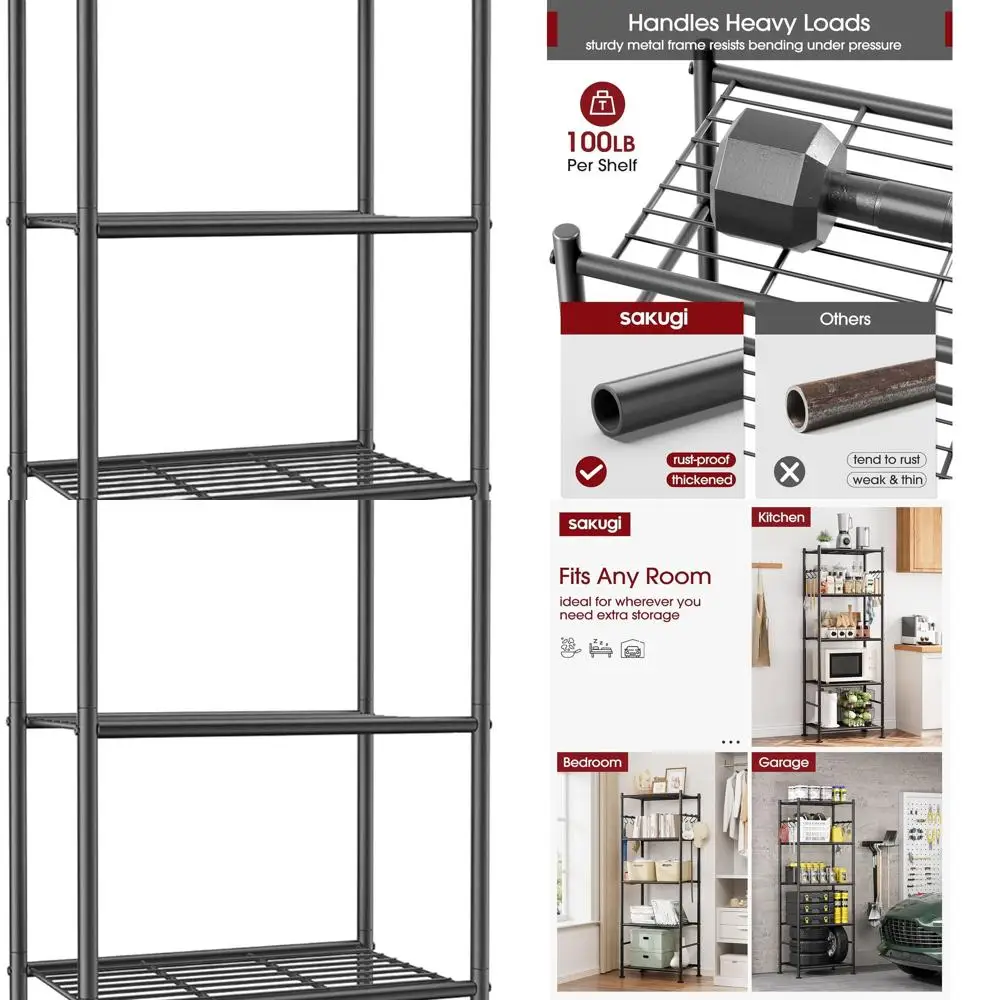 

5-Shelf Heavy-Duty Storage Rack with Hooks, Large Capacity Organizer, Sturdy Wobble-Free Design for Home, Garage, 18.1x12.4x56.8