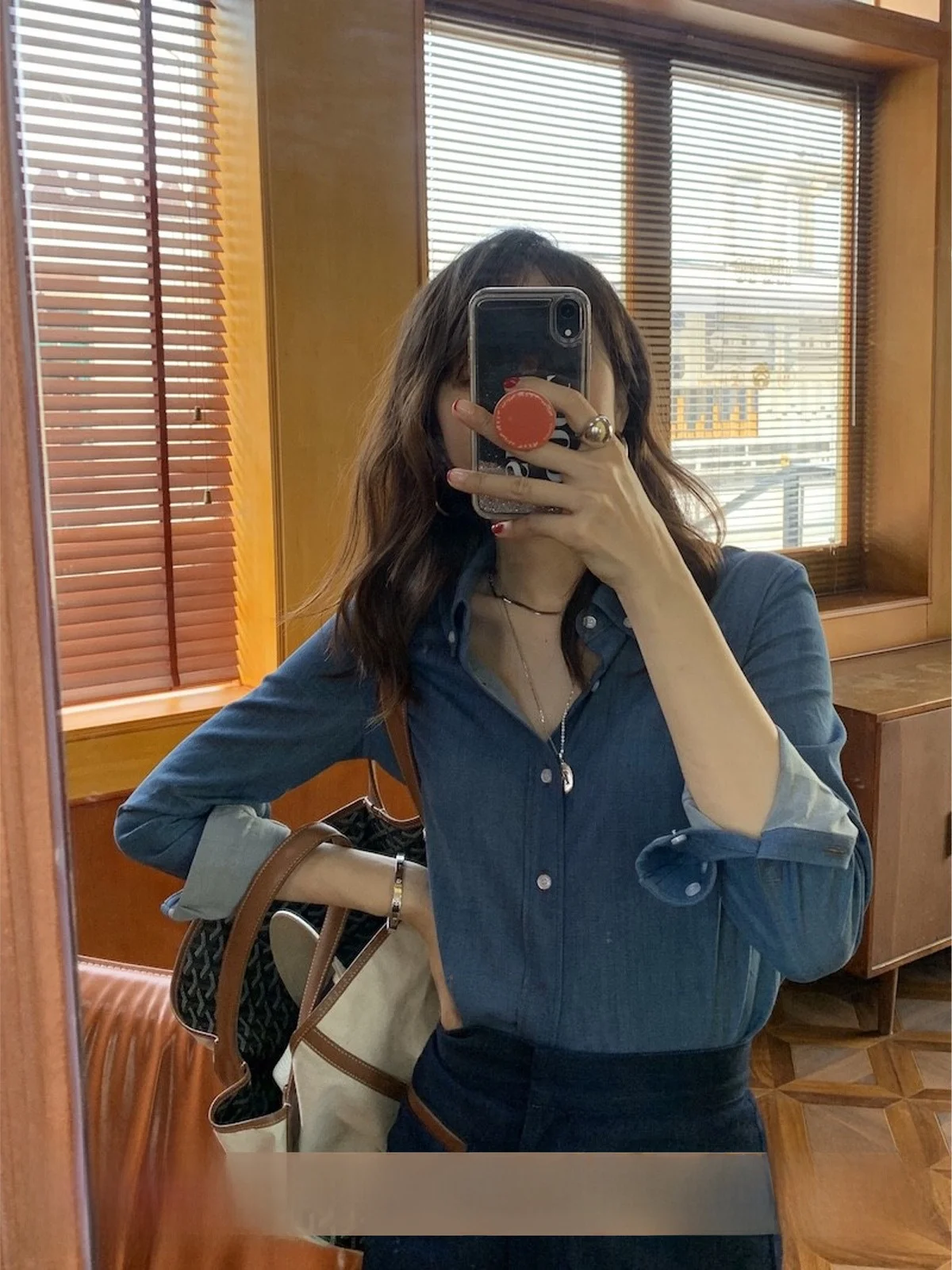 

Ohmyop Ultra-fit Stretch Denim irt Four-season Wearable Long Sve Flip Collar Cotton Blend Slimming Women's irt