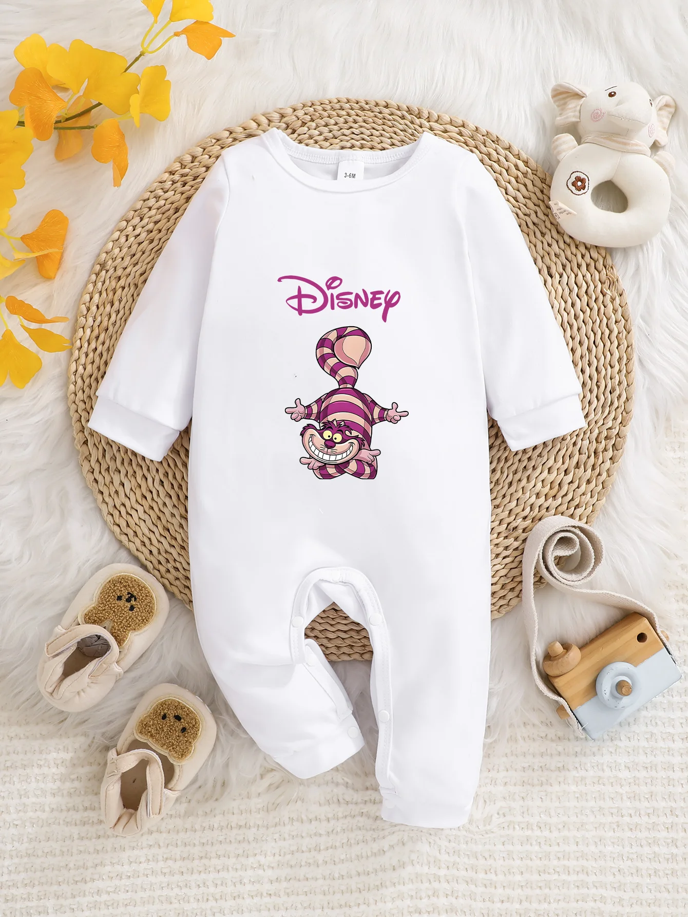 

【Officially Licensed】 Disney Alice in Wonderland Baby Long-Sleeve Romper | Gentle & Snuggly Fabric, Cheshire Cat Print