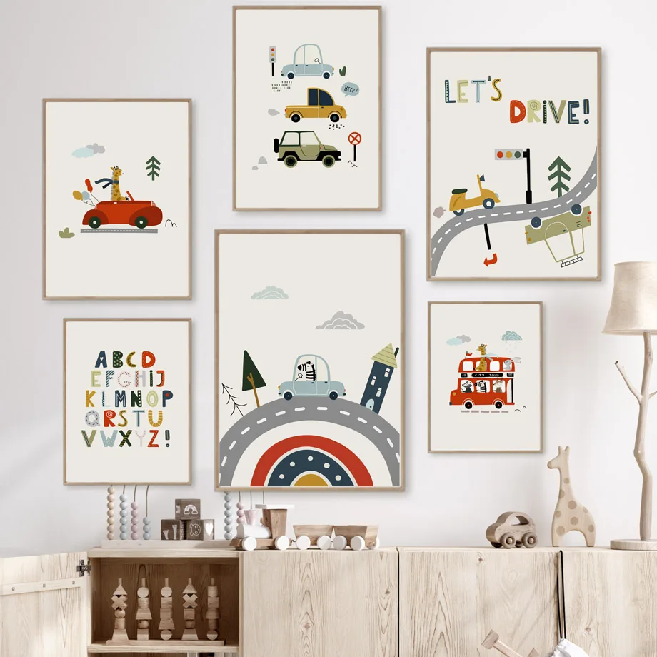 Car Travel Alphabet Nursery Wall Art Print Giraffe Zebra Rabbit Canvas Painting Nordic Poster Pictures For Boy Room Decoration