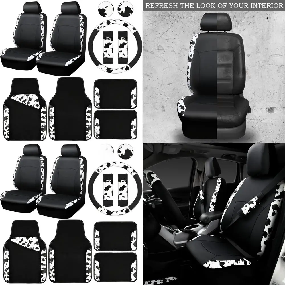 

Cow Print Car Seat Covers, Mats, and Steering Wheel Cover - Universal Faux Leather Set for SUV, Van, Sedan, Truck Interiors