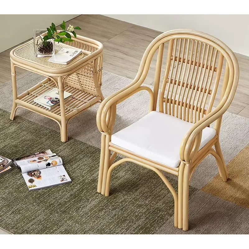 Natural Rattan Armchair Indoor Outdoor Balcony Leisure Wicker Chair Compact Backrest Home Use
