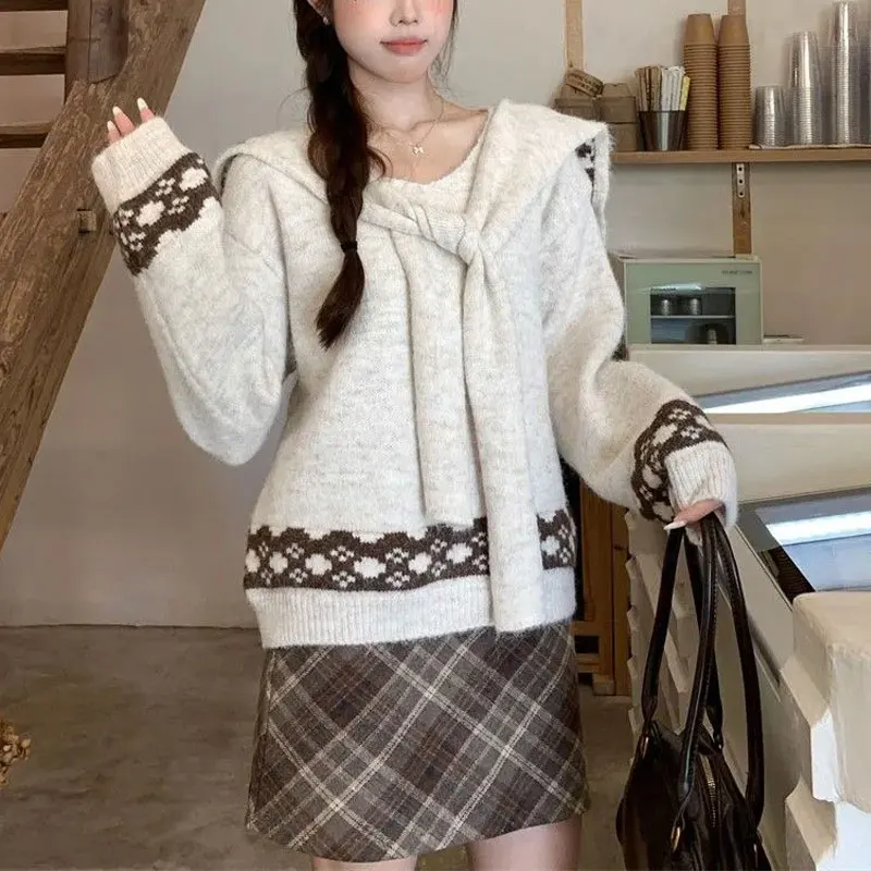 Conjunto de duas peças com cordão xale pullovers malha outono inverno novo coreano com decote em v roupas femininas vintage jacquard tecer suéteres