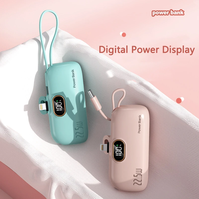 5000mAh Mini Power Bank Built in Cable Plug 22.5W Fast Charging for Apple Type C Powerbank for iPhone 15 X Samsung Huawei Xiaomi