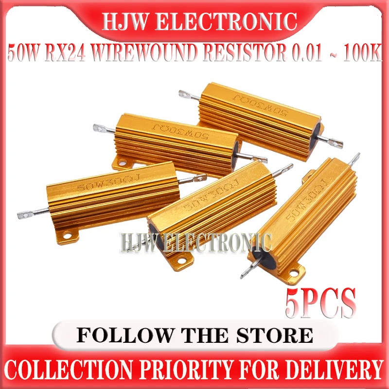 5PCS RX24 50W Aluminum Power Metal Shell Case Wirewound Resistor 0.01 ~ 100K 0.1 0.5 1 1.5 2 6 8 10 20 100 150 200 1K 10K ohm