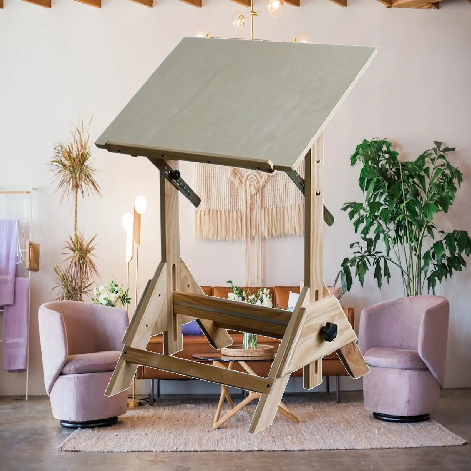 Solid Wood Art Desk with Height Change and Slanted Top for Drafting Painting Work Table Station