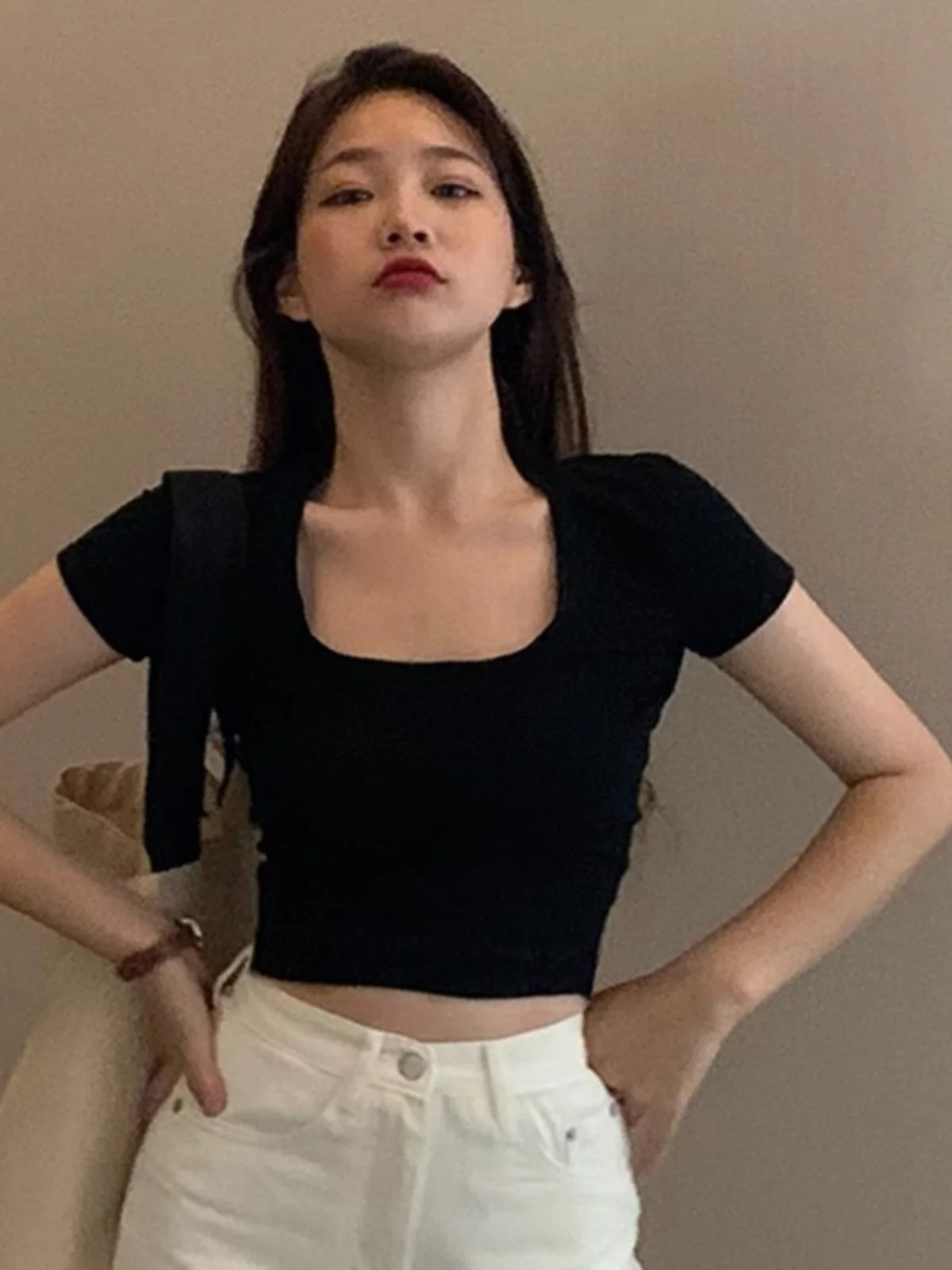 Black Square Collar Short Sleeve Knitted Ice Silk T-Shirt Women's Summer New Style Shoulder Width Appropriate Fashion Top