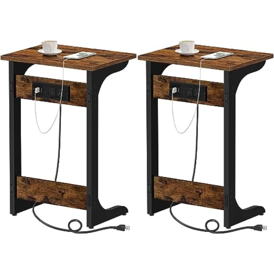 C Shaped End Table with Charging Station Set of 2 Couch Table Tv Tray with 2 USB Ports and Outlets Sofa Side Table for Small Sp