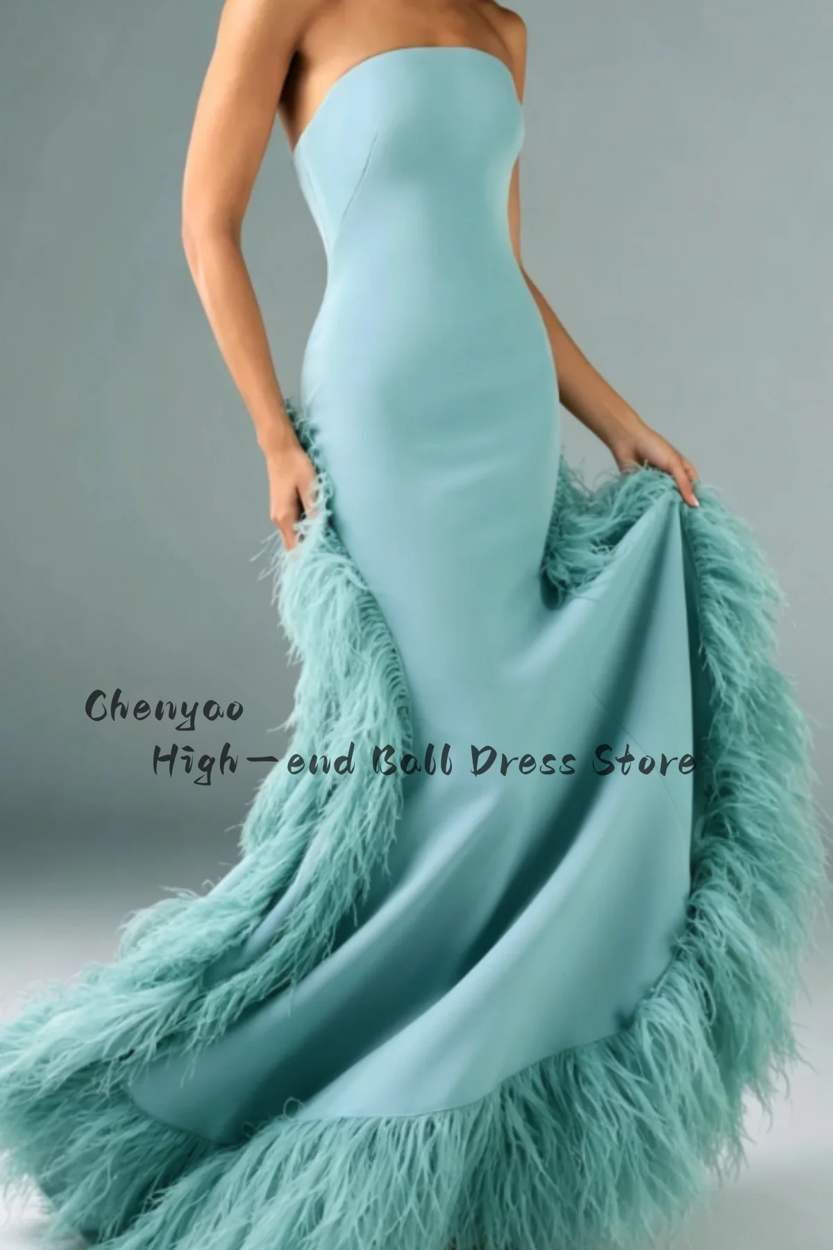 Customized Strapless Feathers Prom Dresse Elegant Floor Length Sleeveless Evening Party Gowns vestidos de fiesta elegantes image 4