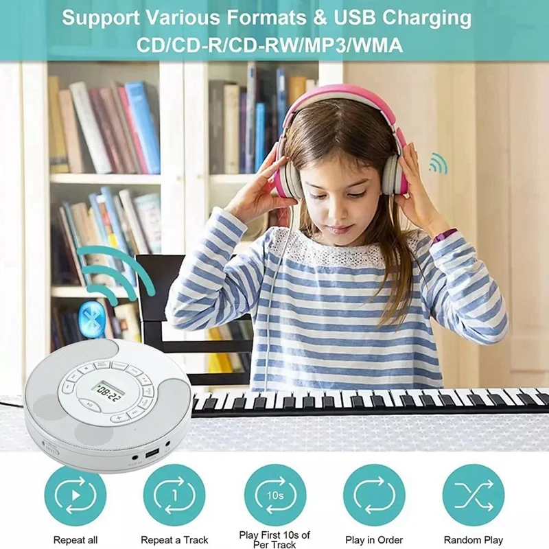 مشغل أقراص مضغوطة محمول جديد، نموذج بلوتوث مزدوج، مشغل USB، مكبرات صوت ستيريو مزدوجة، تكرار A-B، AUX، التحكم في سرعة التشغيل