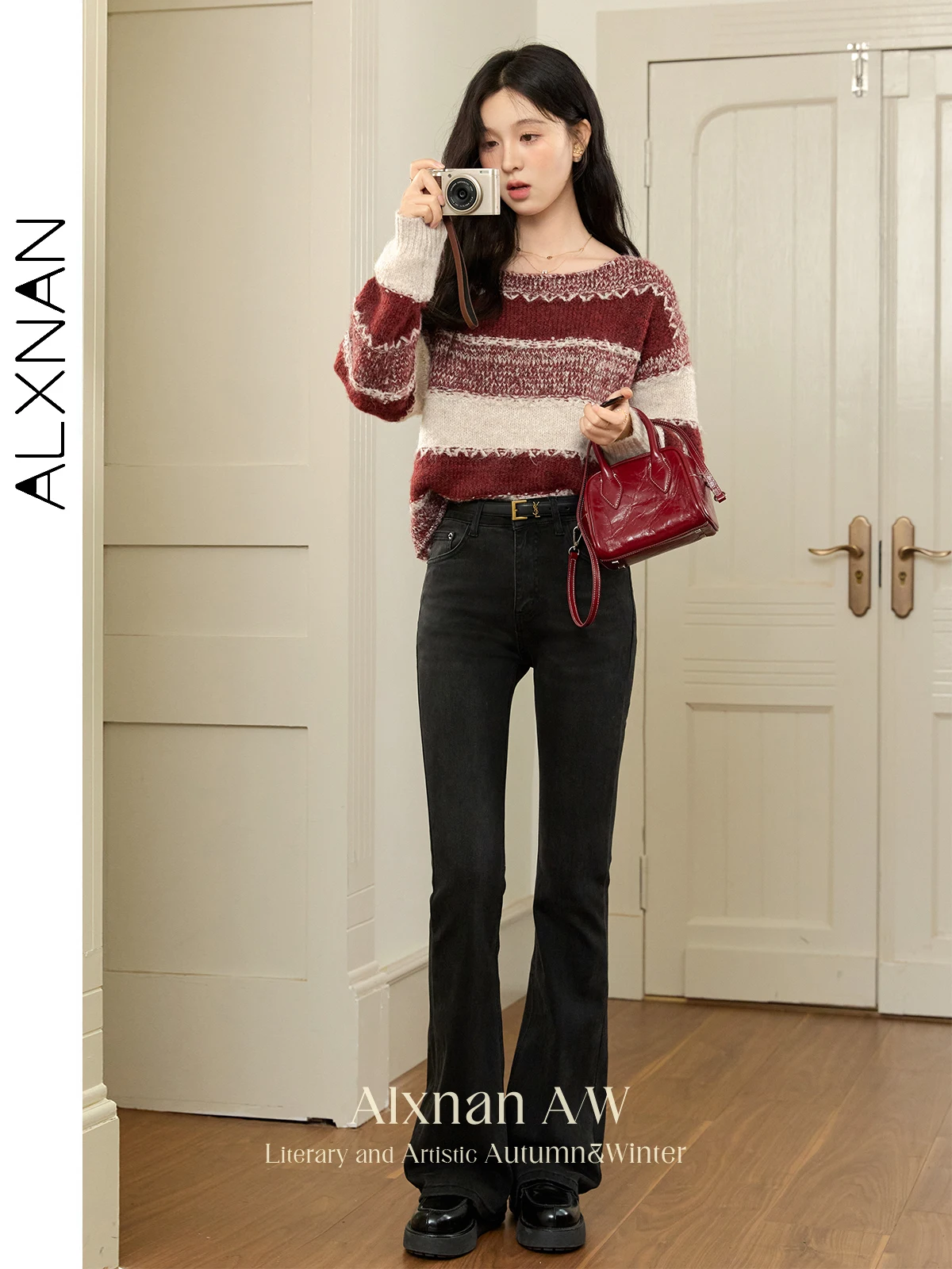 ALXNAN 여성용 스트라이프 스웨터 라운드 칼라 따뜻한 루즈핏 긴팔 풀오버 2025 가을 겨울 캐주얼 니트 탑 L50927