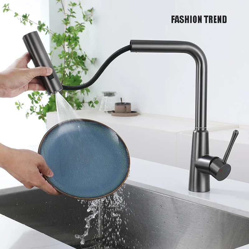 

New Stainless Steel Gun Gray Kitchen Cold And Hot Dual-Use Pull Faucet Wash Basin Sink Faucet