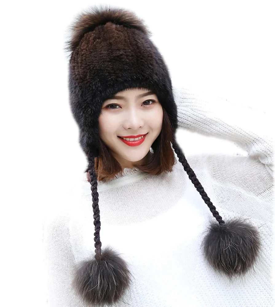 

Women Real Mink Fur Hats Winter Cap With Fox Fur Balls Earmuffs Skullies Beanie Hand-Woven Fluffy Soft