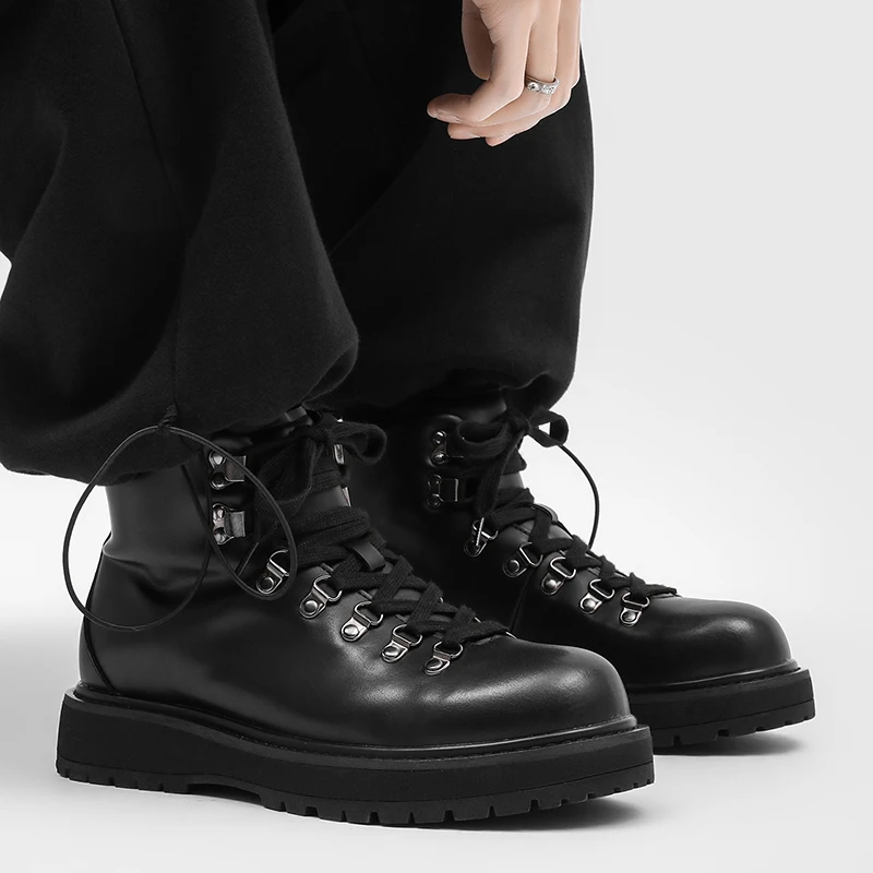 Men Retro Hiking Boots Thick Sole Outdoor Ankle Boots Lace Up Non-slip Casual Leather Motorcycle Boots Leisure Walk Shoes Botas image 4