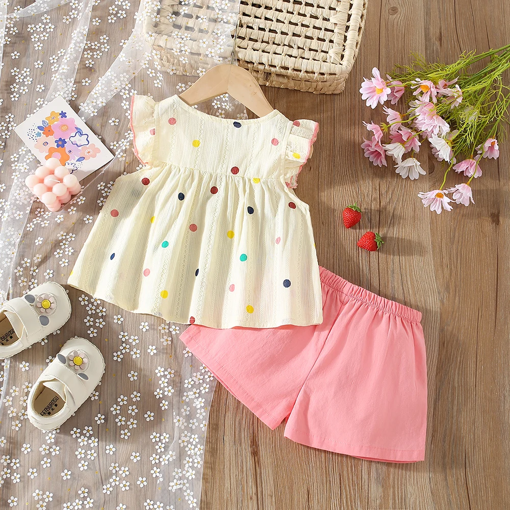 Summer 2/piece set of short sleeved shorts for baby girls with polka dot printed small flying sleeves and solid color shorts