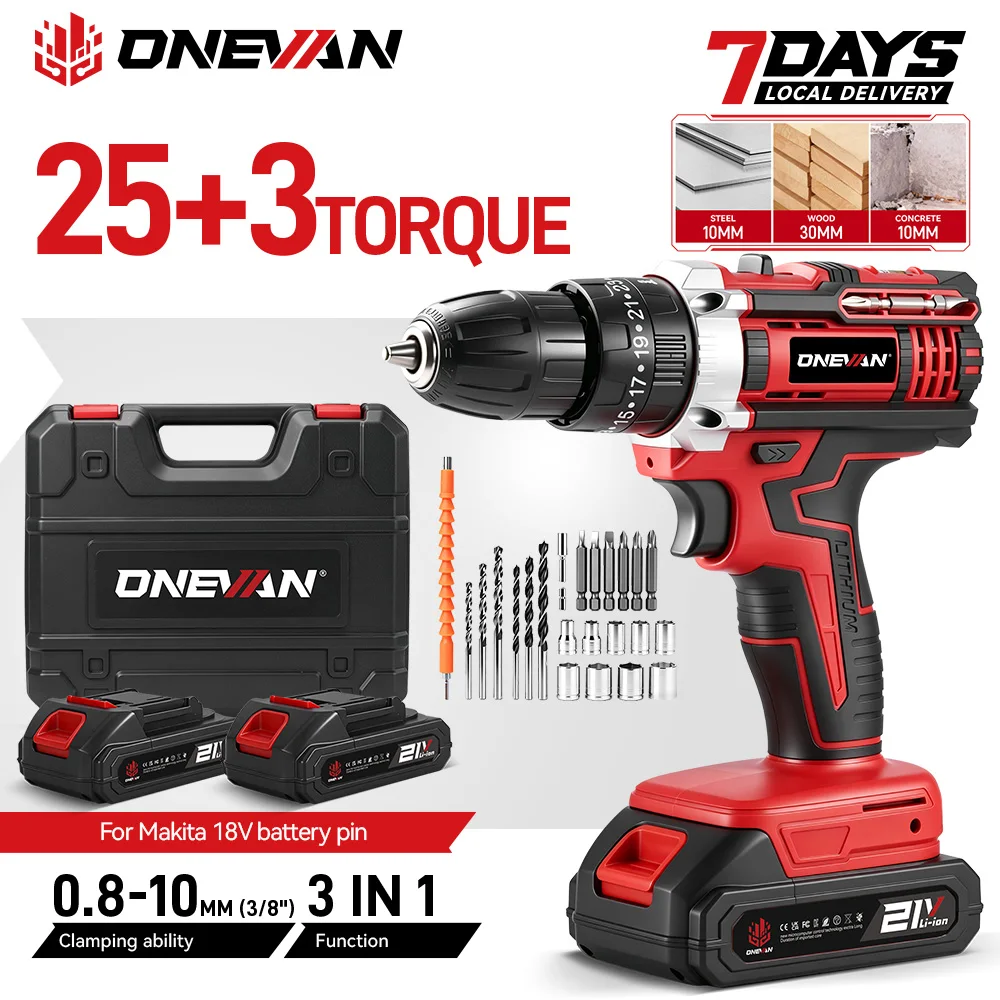 ONEVAN 25+3 Torque, trapano elettrico 3 in 1, trapano a percussione senza fili, ideale per la ristrutturazione di mobili, lavori di falegnameria, avvitamento, foratura di pareti, utensili elettrici