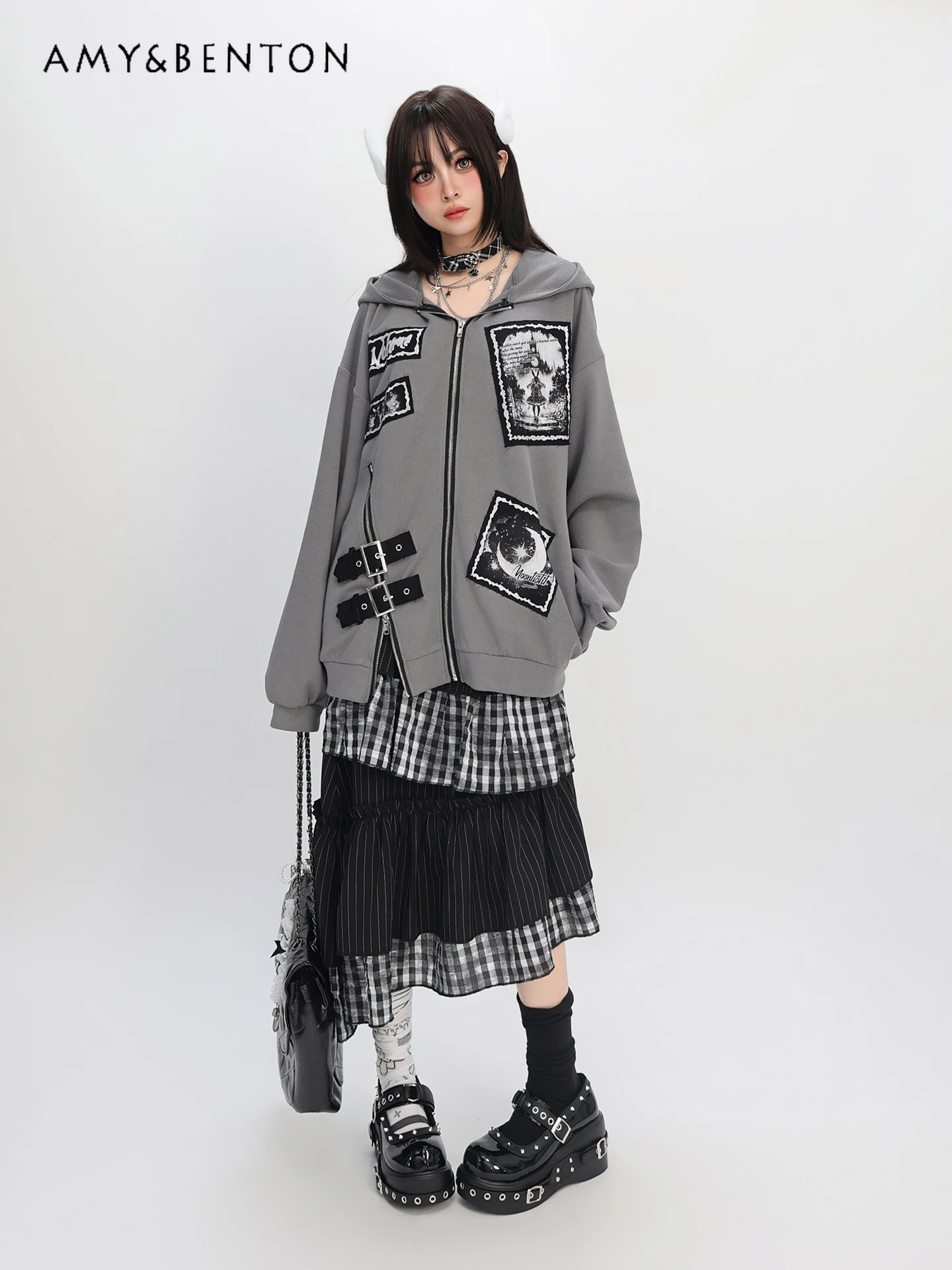 Japanese Subculture Gothic Anime Print Heavy Industry Patchwork Zip Up Hoodie Sweet Cool Hot Girl Oversized Casual Hoodies Women