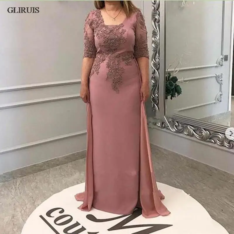 

Mother of the Bride Groom Dress with Overskirt Chiffon Square Neck Half Sleeve Evening Party Wedding Guest Formal Prom Gown