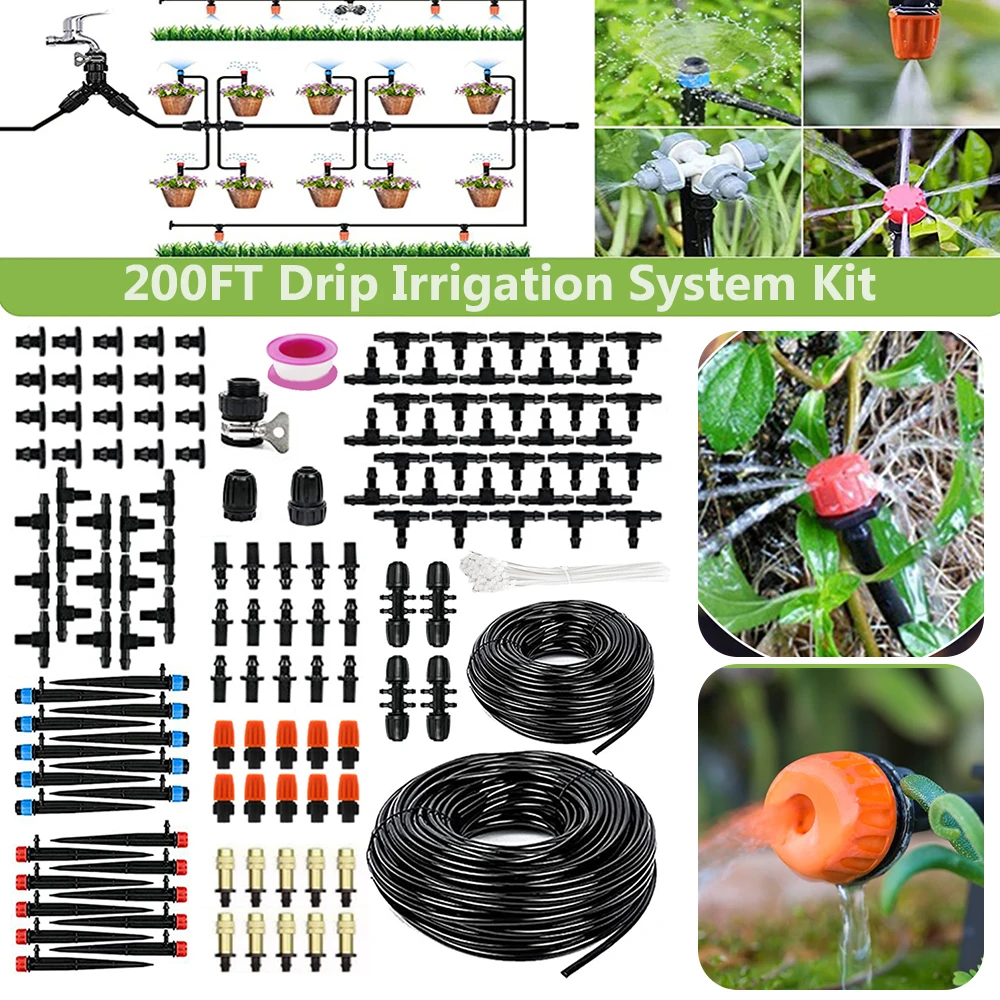 

200FT Quick-Connect Drip Irrigation System Kit with 1/2 Inch Hose 1/4 Inch Distribution Tubing Drip Irrigation System Kit