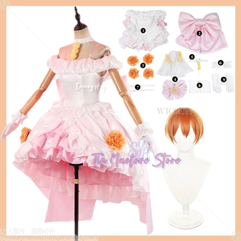 Hoshizora تأثيري أنيمي لعبة LoveLive! فستان الزفاف الوردي كاواي الدانتيل الحلو لوليتا القوس زهرة الباروكات حفلة الهالوين #2