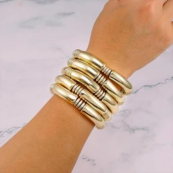 Badu Gold Plated Chunky Bamboo Bangle Bracelets For Women Stack Layered Curved Tube Stretch Bracelets Gifts Modern Jewelry 2025