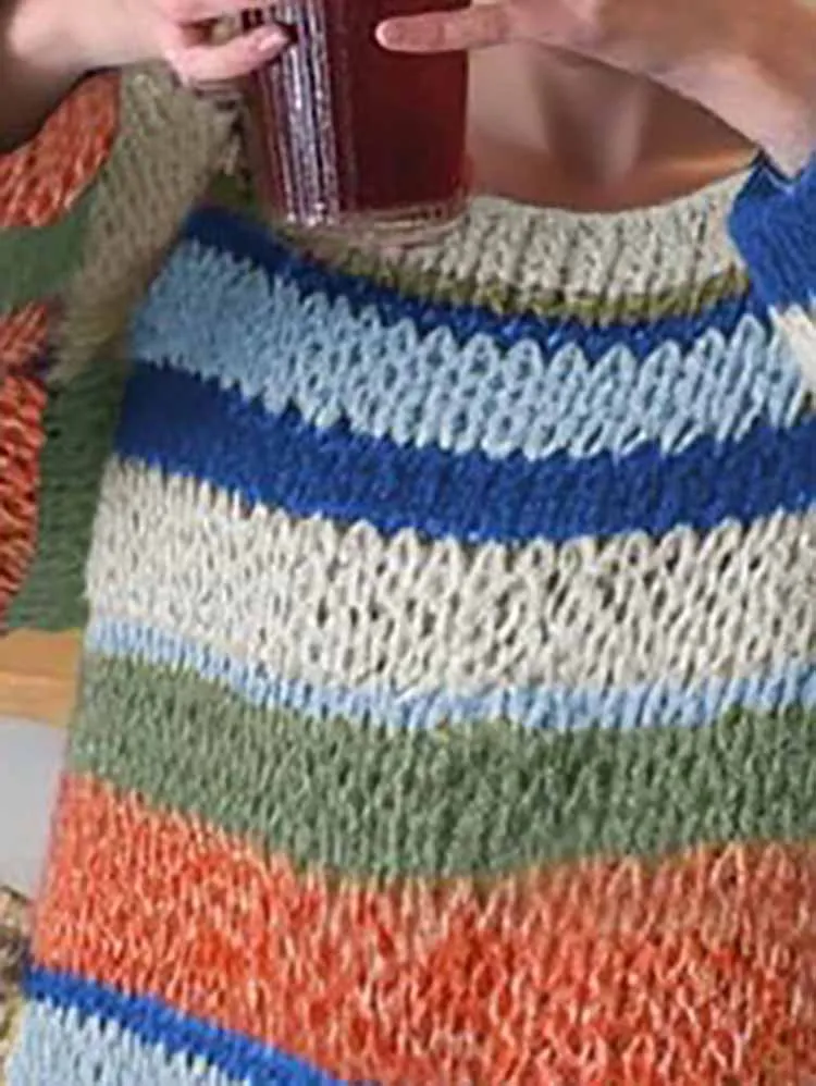 

Elegant O-neck Street Style Jumpers Autumn Women Casual Long Sleeve Loose Knitted Fashion Rainbow Stripes Printed Sweaters Tops