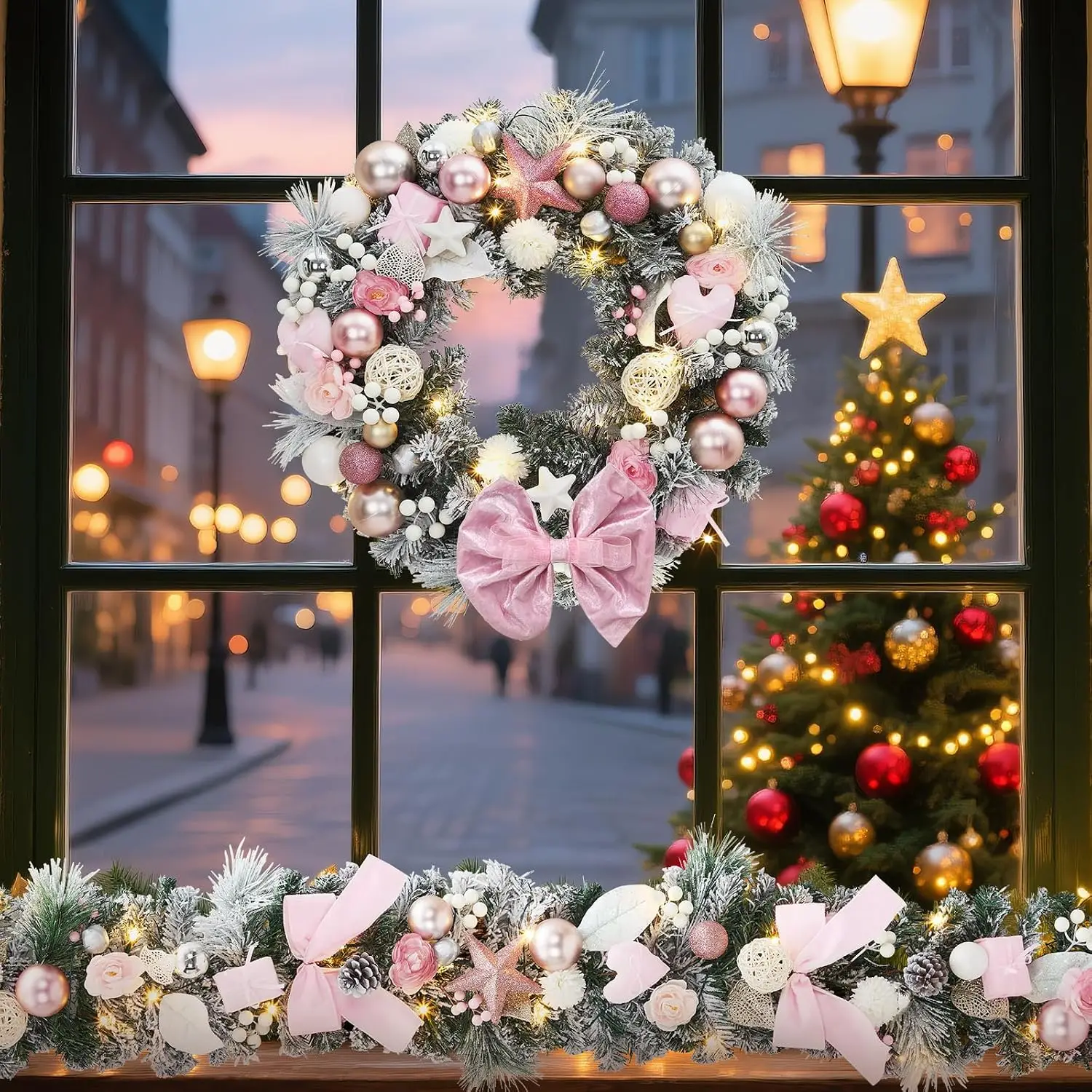 Garvee 24 INCH Christmas Wreath Garland Winter Wreath with Berry and 20 Warm White LED Lights for Door Indoor Outdoor Holiday DIY Home Fireplace Window Decoration view 5