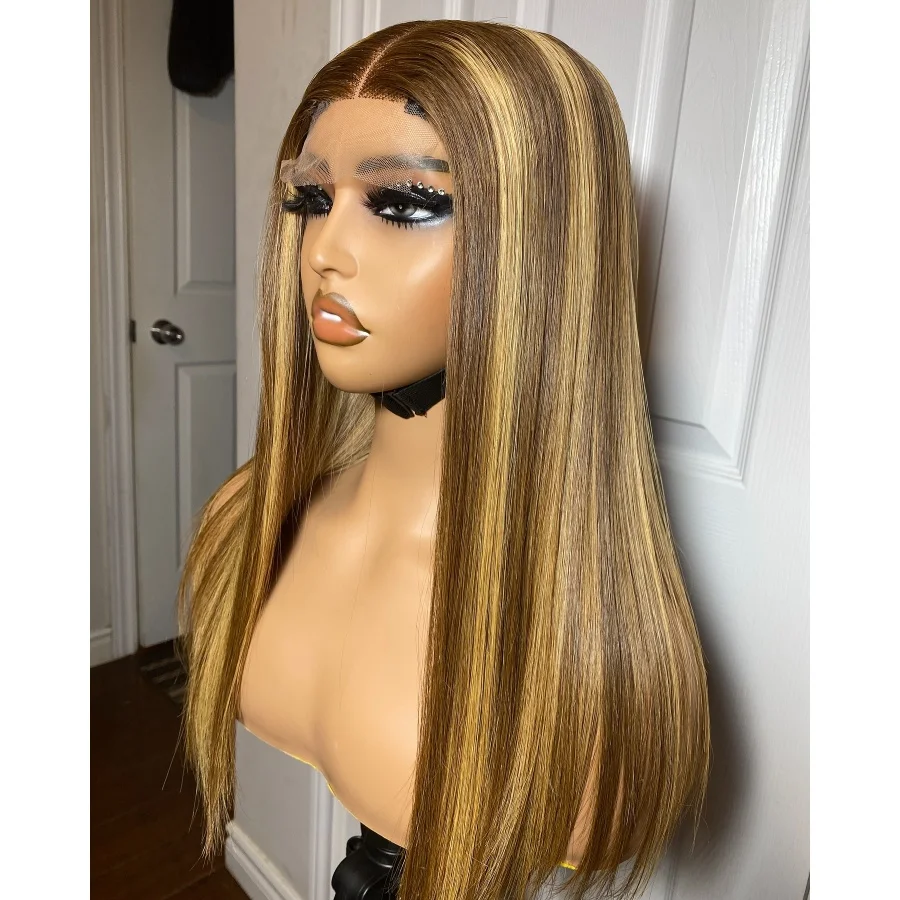 

34 Inch Highlight 4 27 Bone Straight Human Hair Wigs 13x4 Transparent Lace Frontal Wig 4/27 Honey Blond Ombre Wig For Women