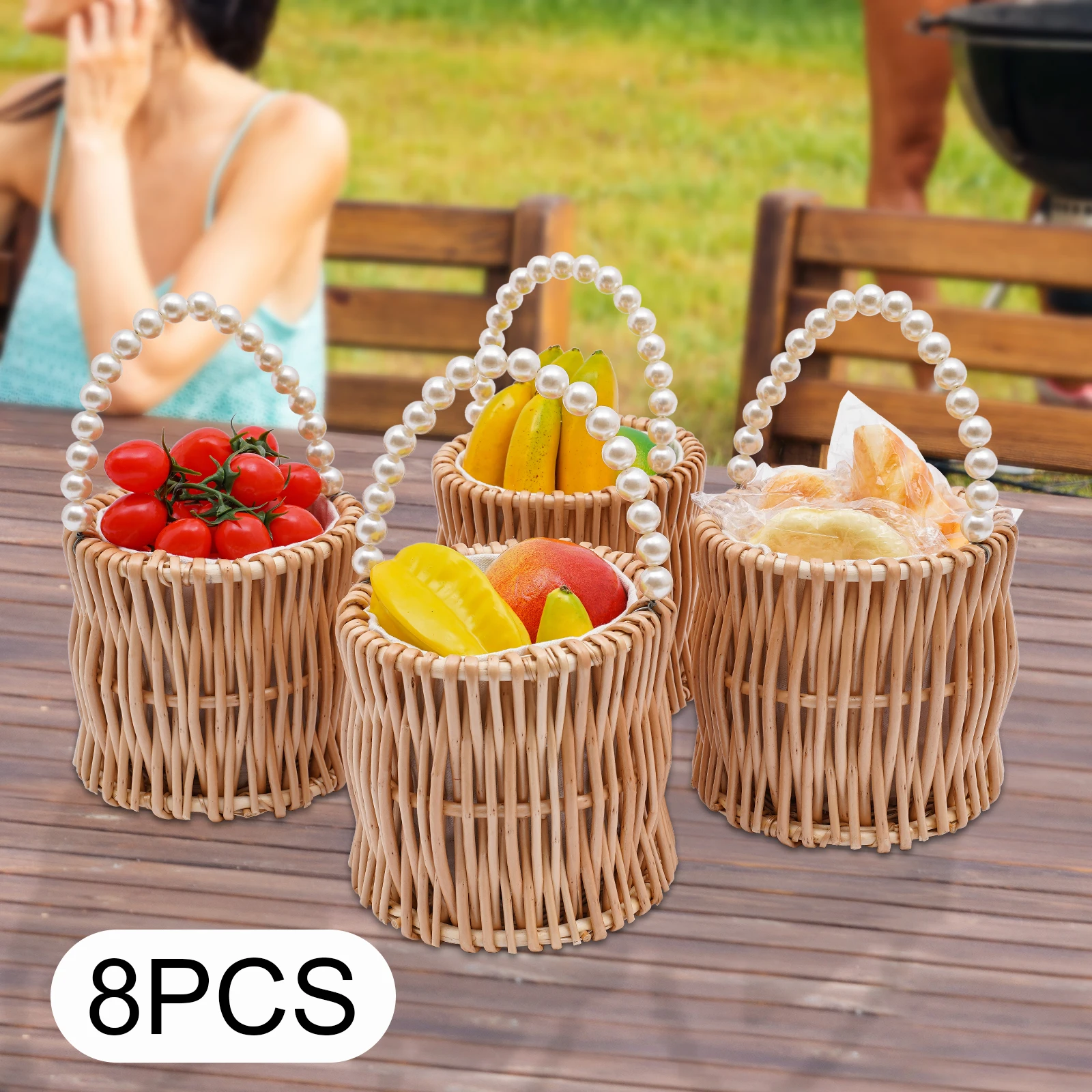 8pcs Wood Color Pearl Wicker Rattan Flower Basket Wicker Container with Handle Wicker Wedding Flower Girl Baskets