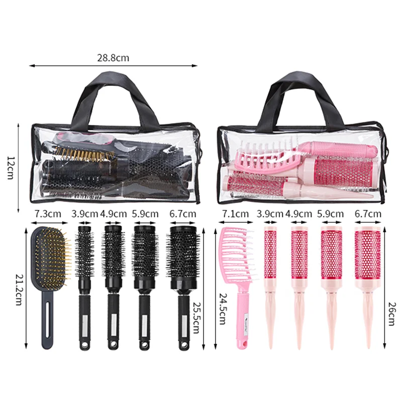 5pcs/set Detangling Hairbrush Handle Round Rolling Brush Nylon Bristle Barrel Rat Tail Hair Curling Salon Beauty Styling Tools
