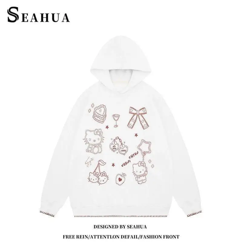 سانريو مرحبا كيتي الخريف والشتاء الحد من العمر سترة فضفاضة Kawaii أنيمي موضة عادية مقنع البلوز قطعتين مجموعة امرأة