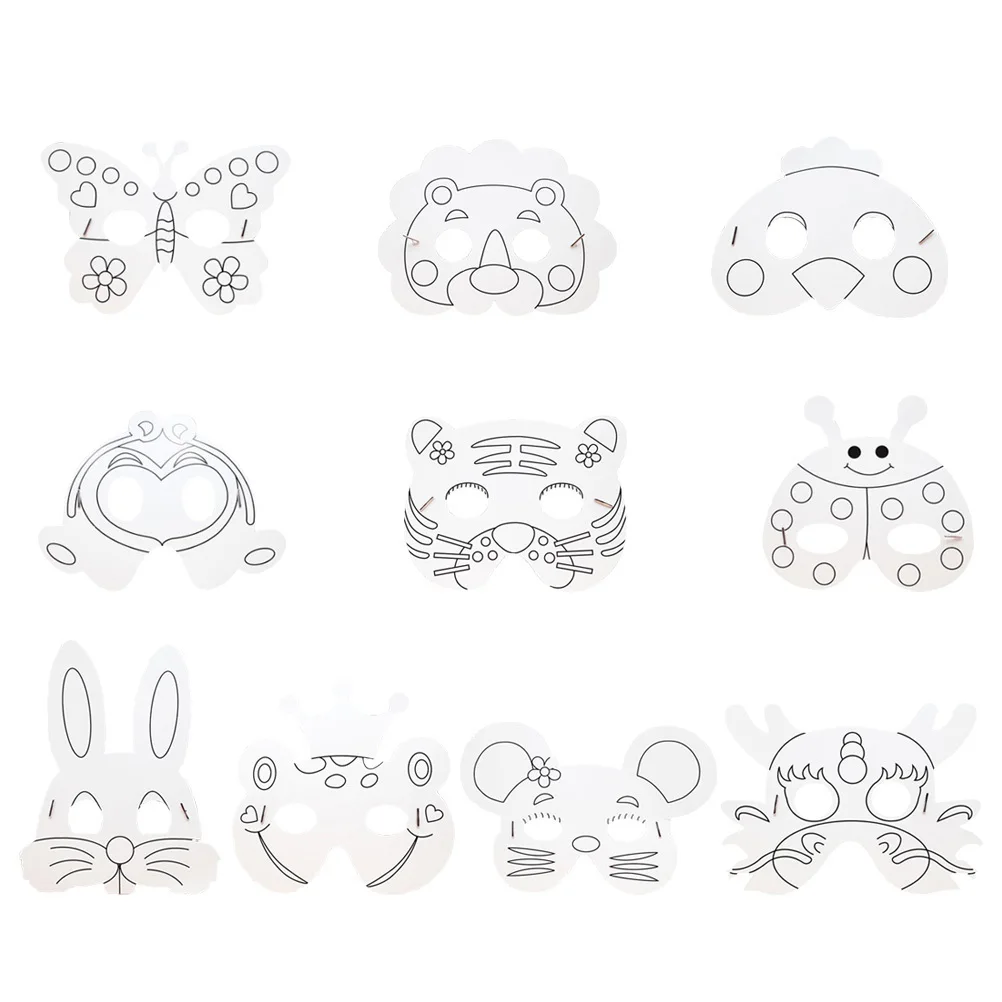 

10Pcs Blank Paper Animal Masks DIY Craft Set Kids Coloring Drawing Painting Supplies White Mask