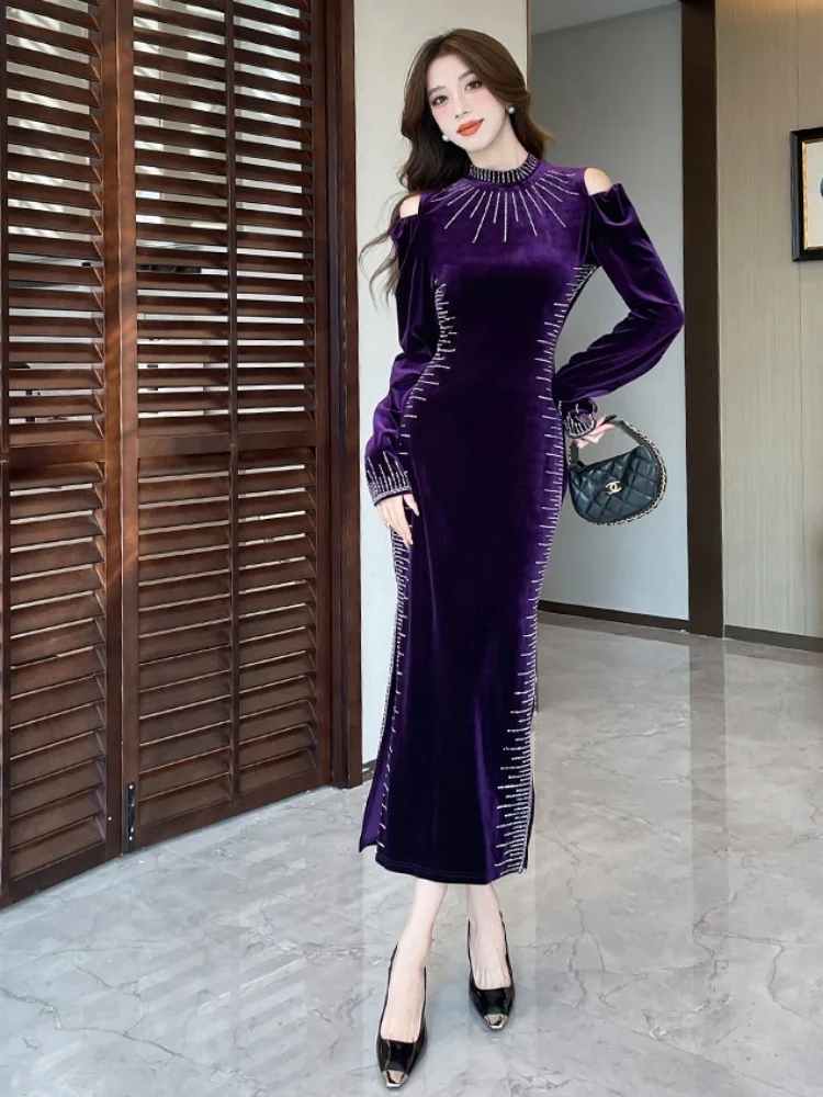 Autumn Winter Women Solid Rhinestone Velvet Dress Women's Long Sleeve Stand Collar Midi Dress Side Slit Streetwear Party Dress