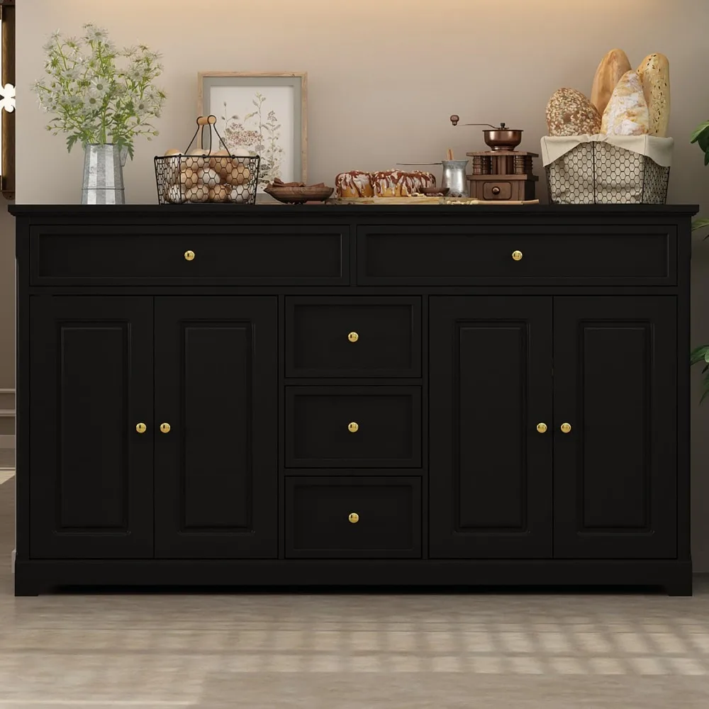 Buffet Cabinet Storage Kitchen Sideboard Farmhouse Buffet Server Bar Wine Cabinet with 5 Drawers & 4 Doors