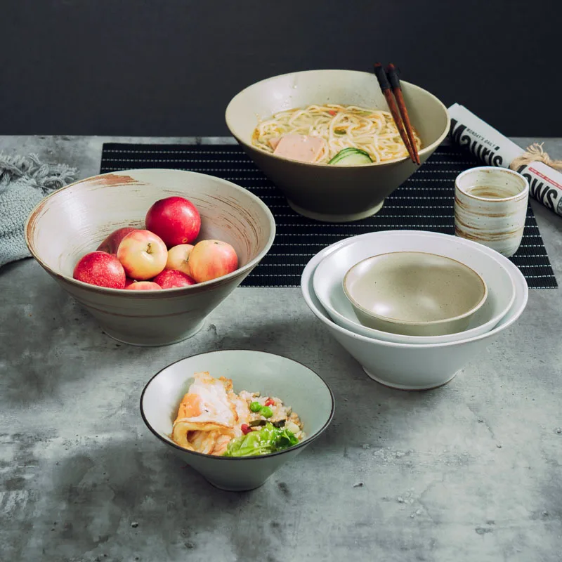 4Size Japanese Handmade Bamboo Hat Noodle Bowl Creative Chinese Ceramic Tableware Ramen Bowl Home Thickened Large Soup BowlLE270