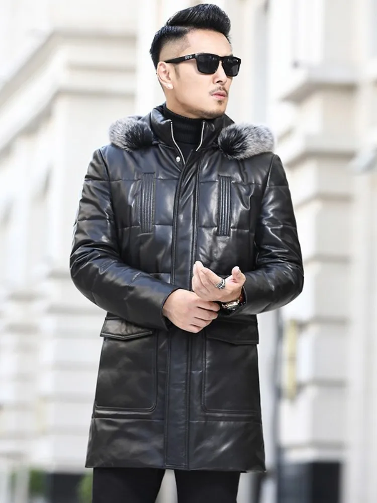 Winter Real Sheepskin Overcoat Men Zipper Thick Warm Hooded Genuine Leather Down Coat  Plus Size 5XL Streetwear Casual Coat Men