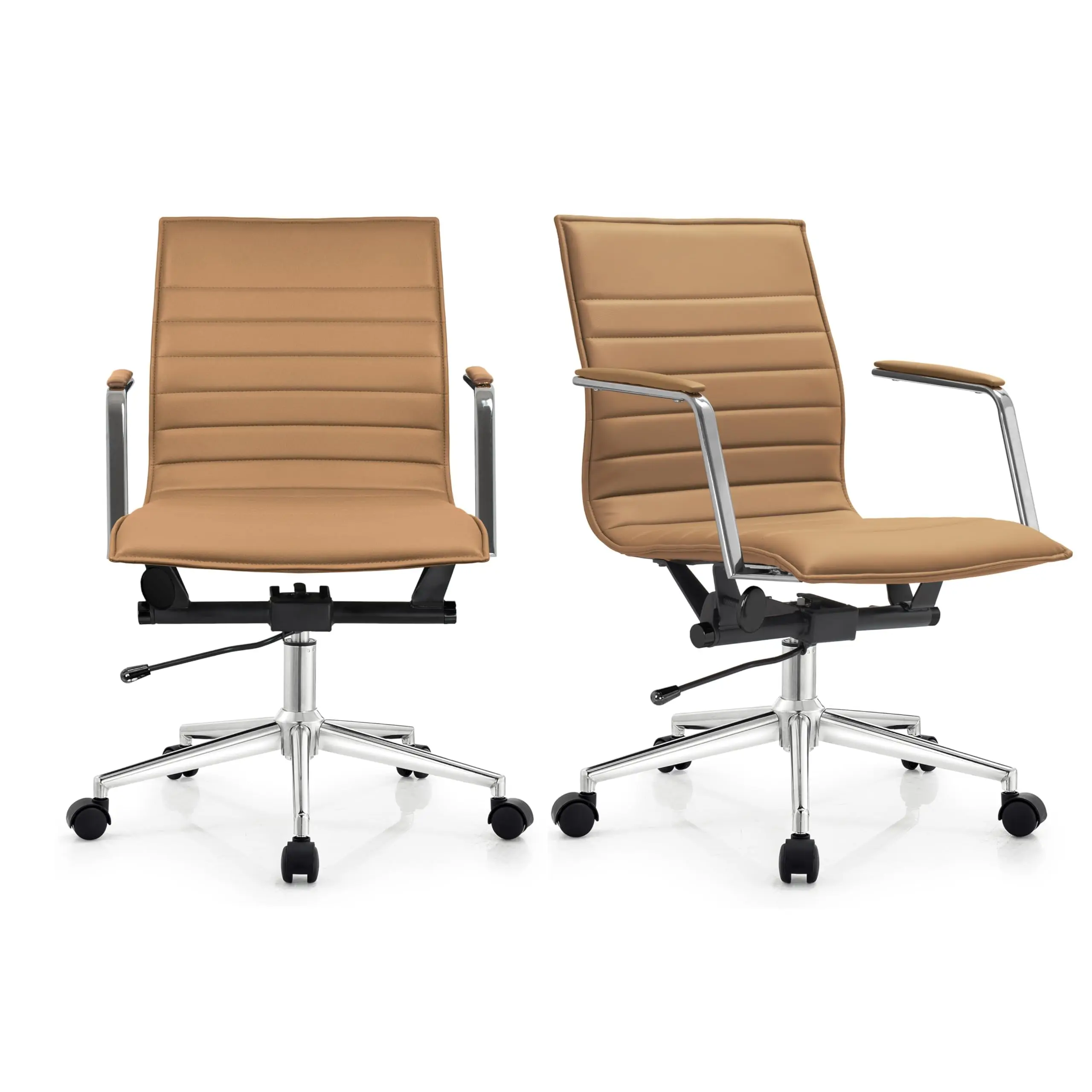 Set of 2 Modern Office Desk Chairs Mid Back Ribbed PU Leather Conference Task Chairs with Swivel Tilt & Adjustable