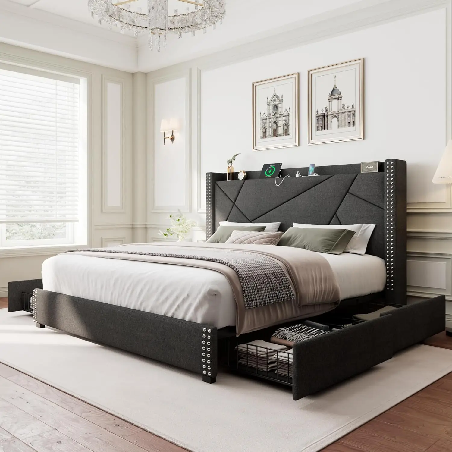 Queen Storage Bed Frame with 4 Drawers, Upholstered Bed Frame with Minimalist Wingback Headboard and Charging Station.Dark Gray