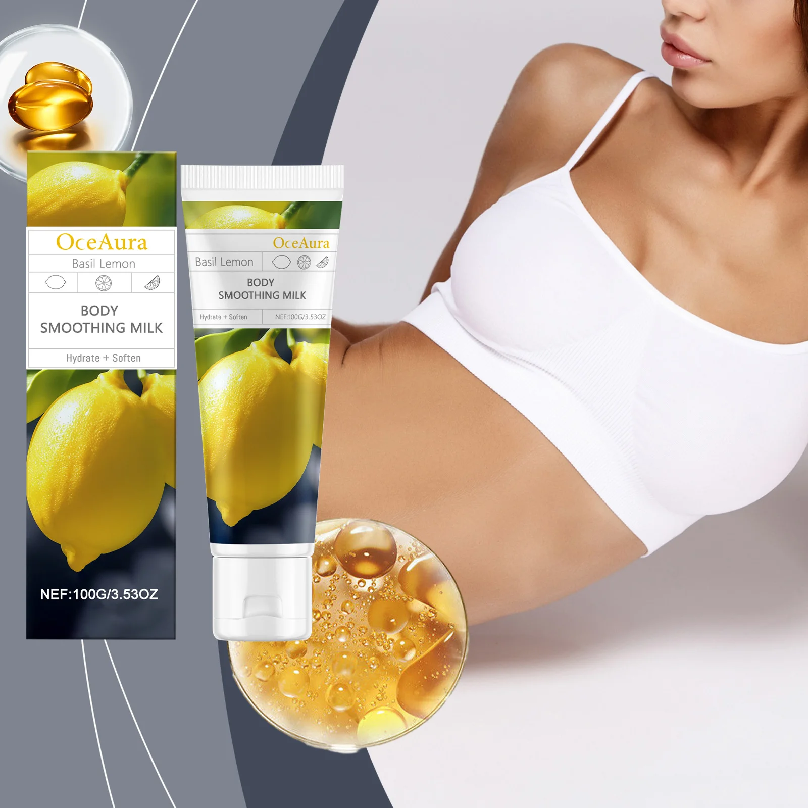 Basil Lemon Body Smoothing Milk – Hydrating & Firming Body Lotion with Natural Extracts – 100g/3.53oz