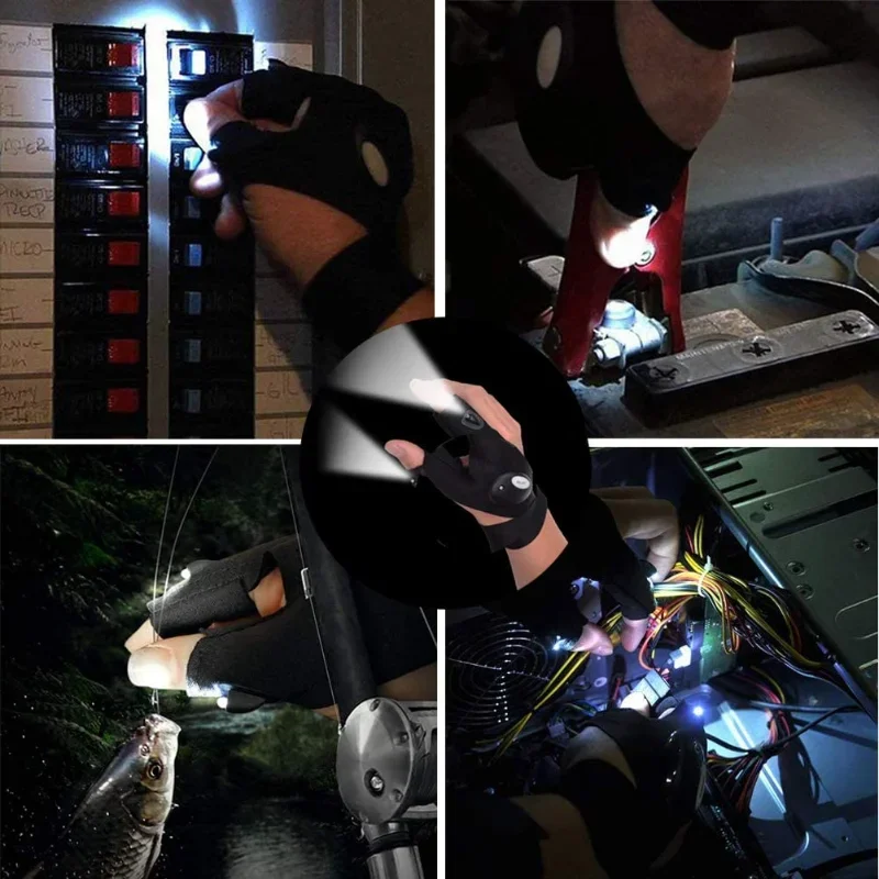 Outdoor LEDFlashlight Magic Strap Fingerless Gloves Night Light Waterproof Half-finger Glove Camping Hiking Cycling Rescue Tools