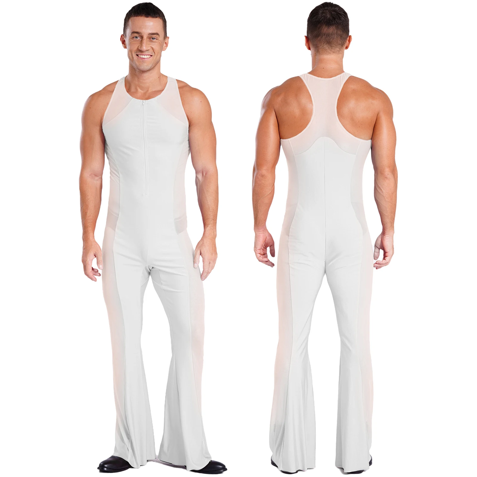 

Mens Catsuit Mesh Sleeveless Solid Color Bodysuit Fashion Dance Daily Practice Streetwear Dance Party Stage Performance Outfit