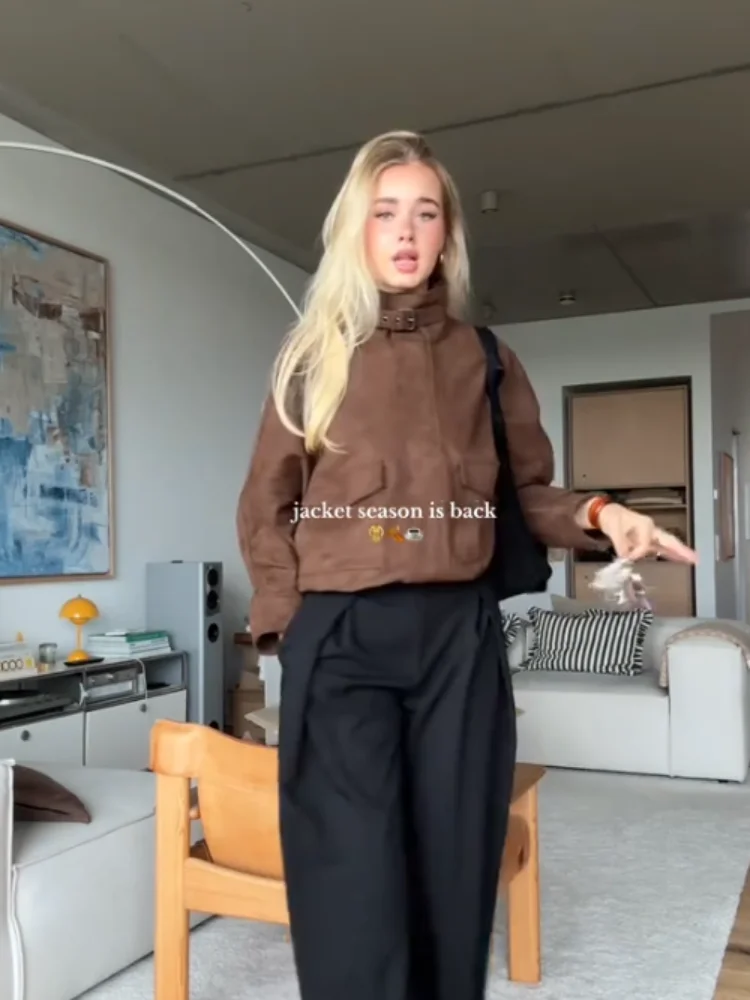 

Женская куртка с пряжкой и воротником-стойкой, свободные однотонные куртки с карманами, женская осень-зима 2022, повседневная женская уличная верхняя одежда