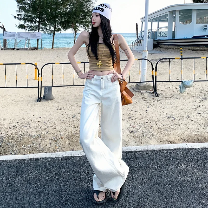 2025 아메리칸 레트로 심플 와이드 레그 진, 여성용 사계절 신상 패션 편안한 루즈핏 캐주얼 롱진