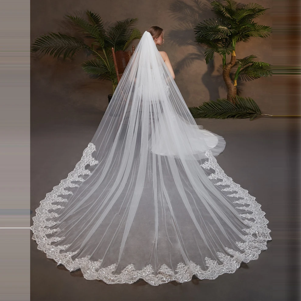 

300cm long high-quality retro wedding veil two-layers Special cut royal bride veil with sequins lace veil wedding accessories