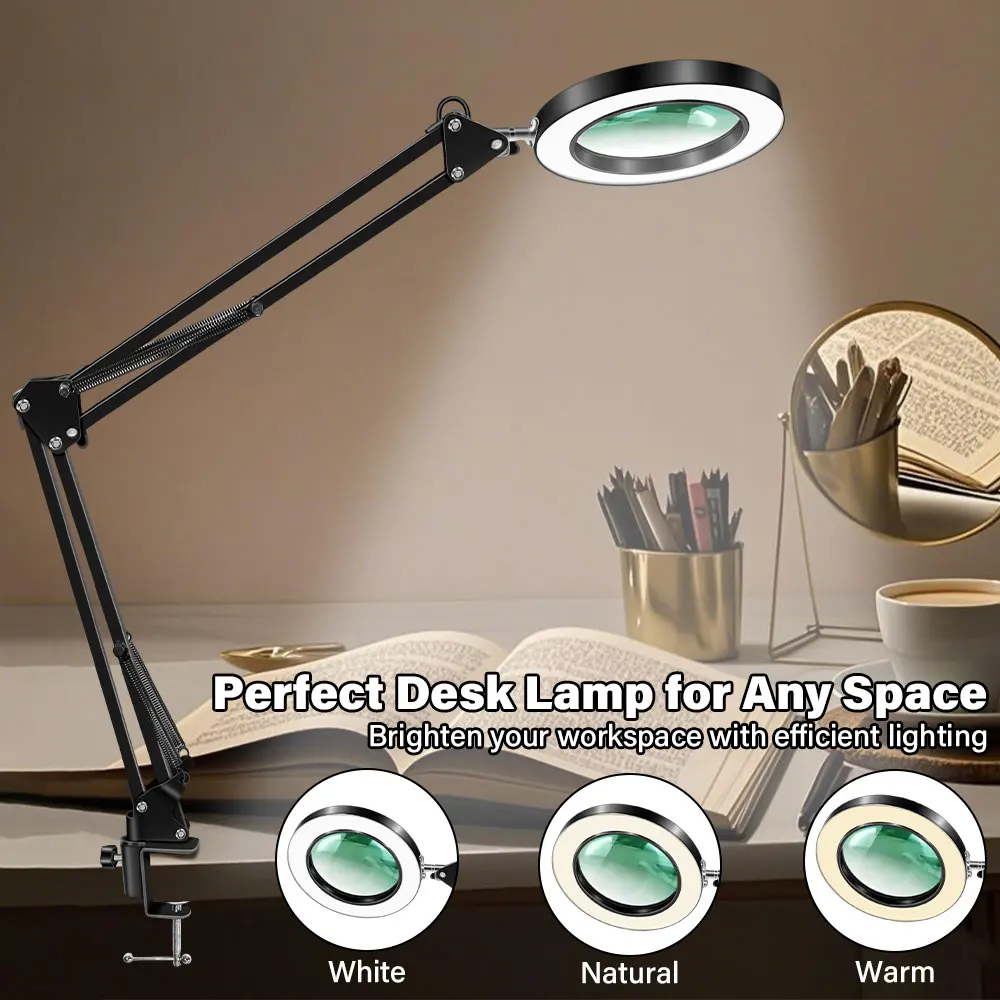 Lente d'ingrandimento a LED 10X/8X con braccio oscillante lungo Lampada da tavolo per strumento di saldatura con lente d'ingrandimento illuminata a 3 colori per lavori ravvicinati