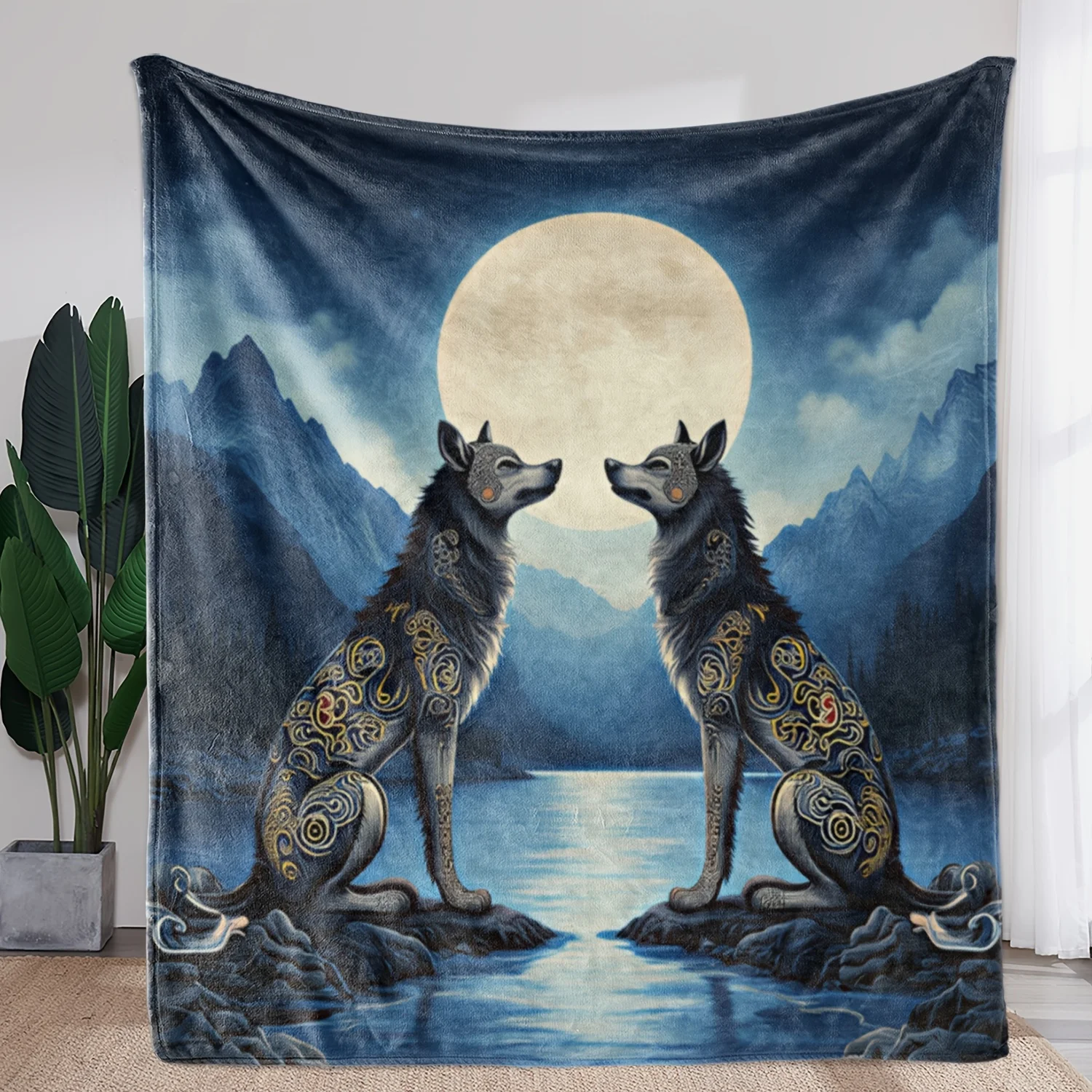 1pc Flannel Blanket, Exquisite Wolf Print Decorative Throw for Moonlit Nights, Warm and Soft Comfortable Blanket Suitable for So