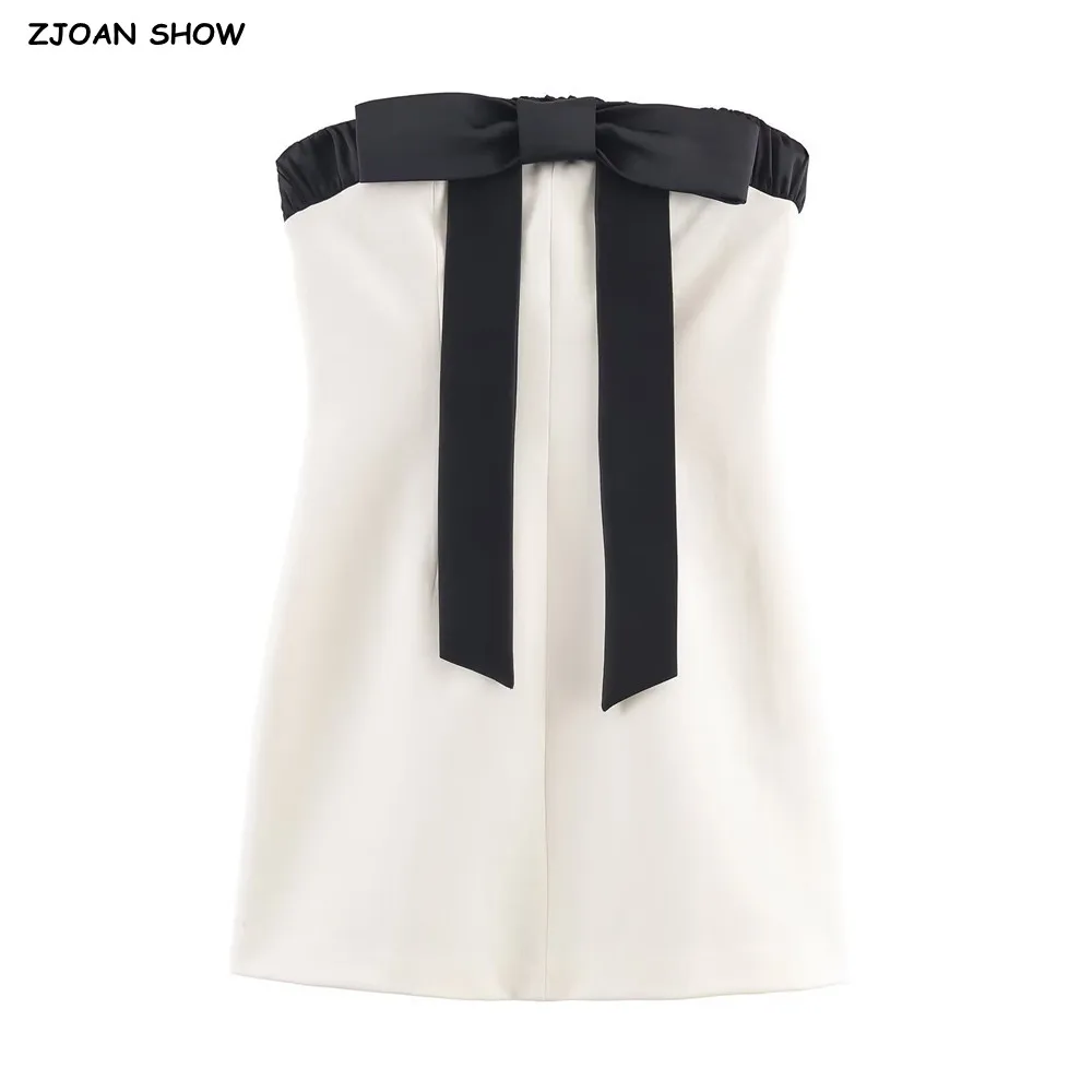 Vestido Sexy Beige empalmado con lazo negro y cuello oblicuo, vestido sin tirantes para mujer con cremallera lateral, cintura delgada, Vestidos de tubo con forro en A, Vestidos cortos